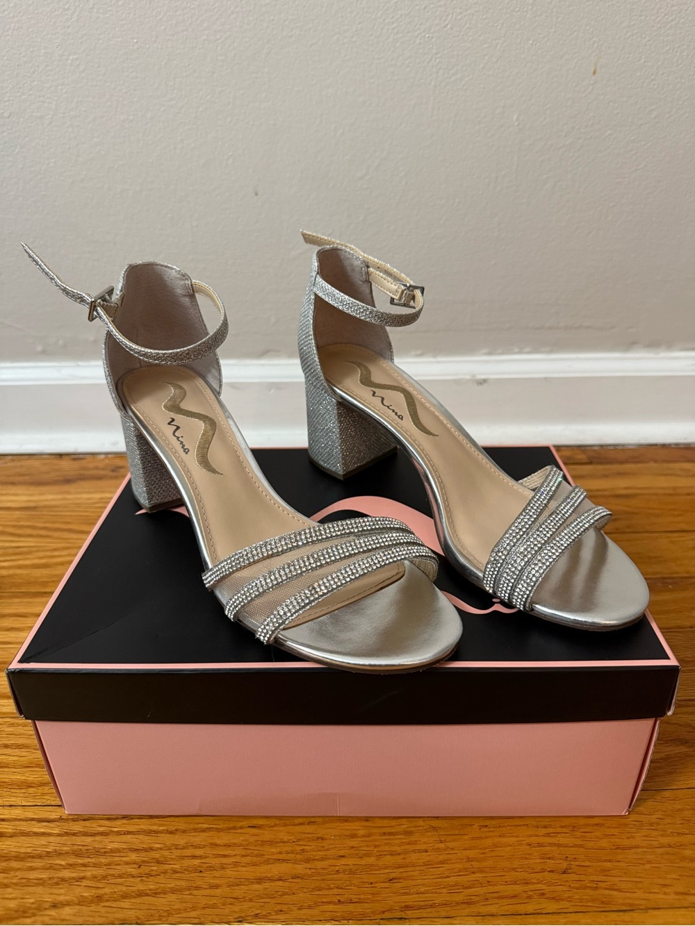 Nina Silver Ankle Strap Block Heel Sandals
